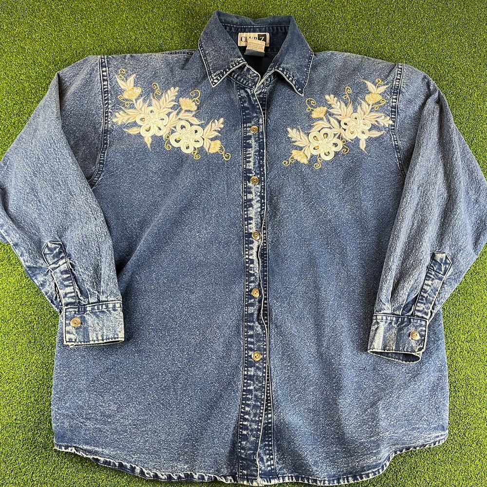 Vintage Club Z Womens Blue Denim Long Sleeve Embroidered Button Up Shirt Sz 2X